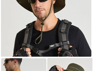 Détail du chapeau boonie vert armée avec mentonnière réglable et accessoires tactiques
