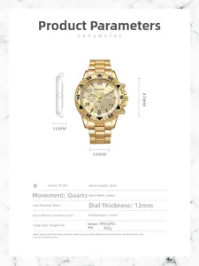 Tableau des tailles détaillé de la montre à quartz dorée M1398 avec cadran de 47mm et acier