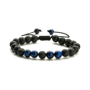 Adjustable 8mm tiger eye and lava stone braided bracelet for couples on white background