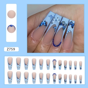 French blue butterfly press-on nails with blue rhinestones on long coffin shape