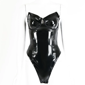Close-up of black glossy faux leather bodysuit with a shiny finish and strapless design