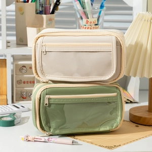 High-capacity nylon pencil case for students featuring clear windows and zipper pockets