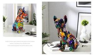 Close-up of colorful graffiti resin bulldog statue with LOVE lettering and glossy finish