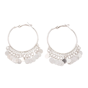 Minimalist silver hoop earrings featuring multiple dangling metal discs with a polished finish