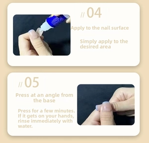 Instructional guide showing how to apply glue and press nail tips for a secure fit