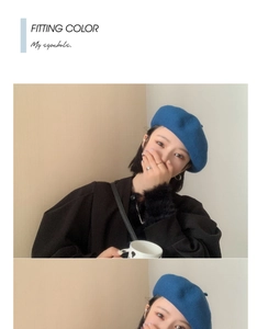 Blue wool beret shown on model, featuring a stylish vintage British aesthetic and soft texture