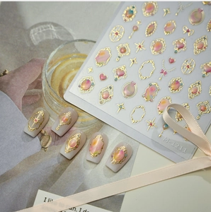 Detail of M-1211 relief nail art stickers with vintage gold frames and colorful gems