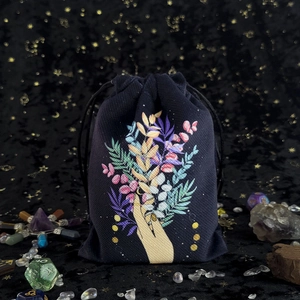 Black velvet tarot drawstring bag with floral print for crystals and dice storage