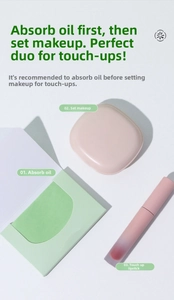 Close-up of touch-up kit with facial oil blotting paper, setting powder and pink lip glaze
