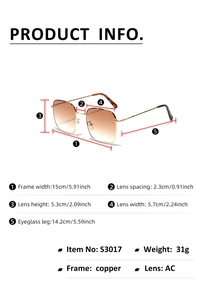 Detailed size chart of square metal sunglasses with brown gradient lenses and measurements