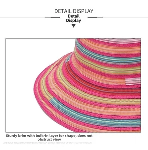Close-up of colorful striped woven sun hat brim with detailed handmade stitching