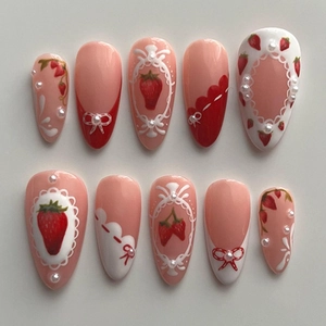 Faux Ongles Press On À Motif Fraise Nœud 3D Künstliche Perles Dentelle Style Français Amande Longs Pour Femmes Rose