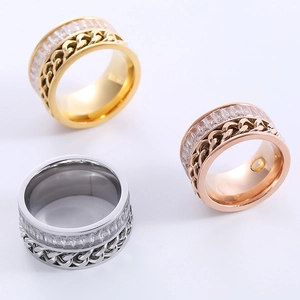 Wide chain band rings with pavé cubic zirconia in gold, rose gold and silver finishes