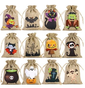Detailed grid of 12 burlap Halloween drawstring gift bags with colorful festive prints