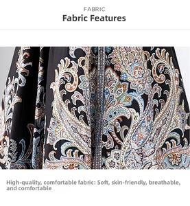 Dettaglio del tessuto con stampa paisley, texture traspirante e motivi etnici
