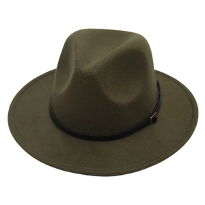 Detailed macro shot of the dark olive green fedora with black leather band and metal buckle
