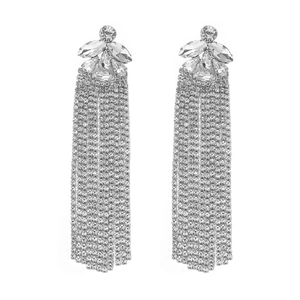 Elegant silver long tassel rhinestone drop earrings for women's evening party jewelry