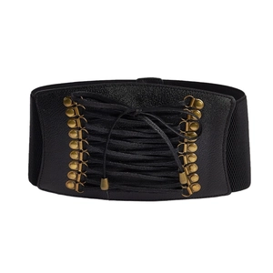 Black wide elastic corset belt with leather texture and brass lace-up front detail