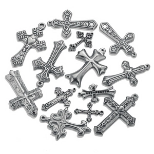 Collection of silver vintage cross pendants in various gothic and retro metal styles