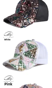 Close-up of baseball cap featuring breathable mesh and colorful sequin patchwork