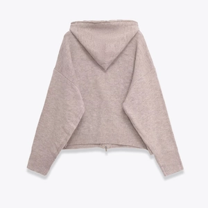 Minimalist hooded knit cardigan in soft pink with premium wool texture and dual zippers