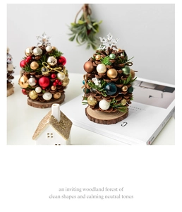 Mini natural pine cone Christmas tree tabletop decor with colorful baubles and wood base