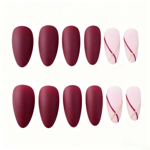 Matte dunkelrote und rosa Stiletto-Klebenägel mit Glitzerlinien-Details, 12er-Set