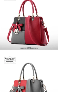 Close-up of litchi grain PU leather texture and metal bow charm on the handbag