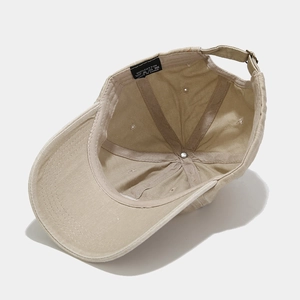 Beige washed cotton baseball cap with R embroidery and adjustable metal strap back