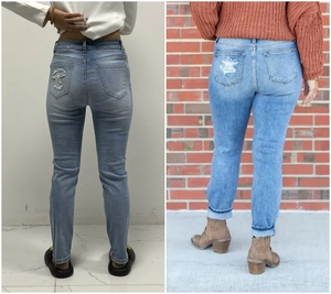 Détails des poches arrière usées et de la coupe ajustée du jean en denim bleu clair