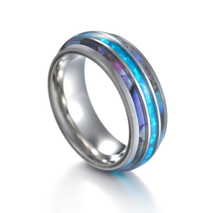 Bague en titane pour homme avec incrustation d'opale bleue et nacre effet aurore