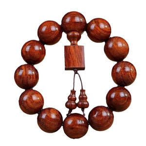 Polished Zambia blood sandalwood prayer beads with central cube and gourd pendants