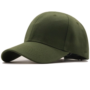 Detail of dark green cotton twill baseball cap with curved brim and 6-panel stitching
