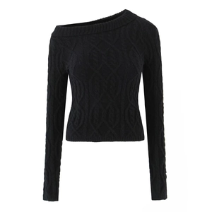 Women's slim fit black cable knit sweater and skirt set with off-shoulder neckline