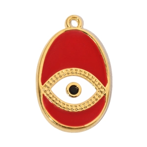 Detail of gold oval evil eye pendant with red enamel and shimmering gold grain texture
