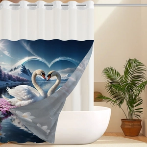 Close-up of double-layer waterproof shower curtain with swan heart print and metal grommets