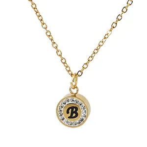 Collier Lettre Initiale Acier Inoxydable Plaqué Or 18K Pendentif Rond Avec Strass Style Ins Bijoux De Mode Pour Femmes