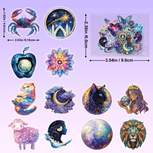 Detailed view of galaxy themed PET stickers featuring zodiac and mystical illustrations