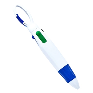 Multicolor carabiner ballpoint pen with blue accents and green push button on white background
