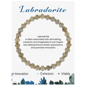 Detailed view of labradorite beaded bracelet with golden spacers and informative card