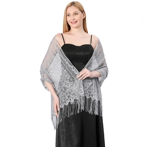 Silver hollow lace shawl with long tassels and floral pattern for formal party evening dresses