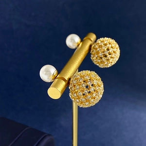 Elegant double-sided pearl earrings with gold hollow diamond-set spheres for women