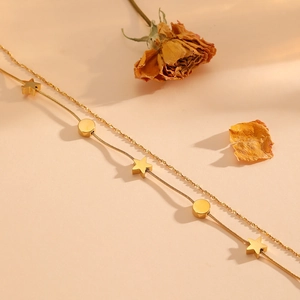 Double-layered gold stainless steel star and disc pendant snake chain bracelet for women