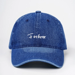 Classic dark blue washed denim baseball cap with Forever white embroidery on front