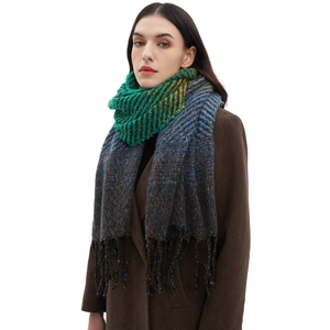 Women's autumn winter knit shawl scarf with gradient tassels in green and blue