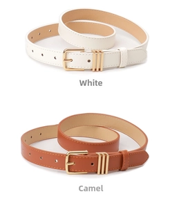 Detailed close-up of white and camel PU leather belts with gold pin buckles for women