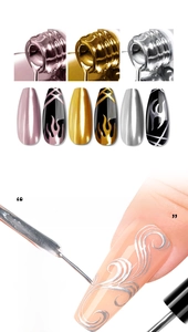 Macro view of ultra-thin brush nail liner gel in gold, silver, and rose gold metallic shades