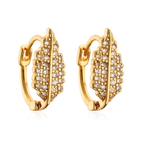 Elegant gold-plated leaf hoop earrings with shimmering white zircon stones on white background