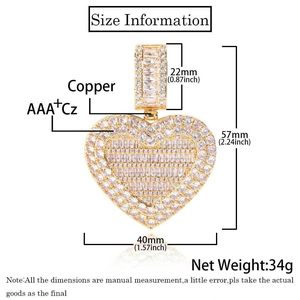Size information for the gold heart pendant showing dimensions of 57mm by 40mm