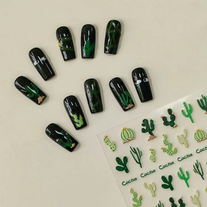 Cactus 5D Embossed Nail Art Stickers Relief DIY Manicure Decals Green Cartoon Plants PET Decoration